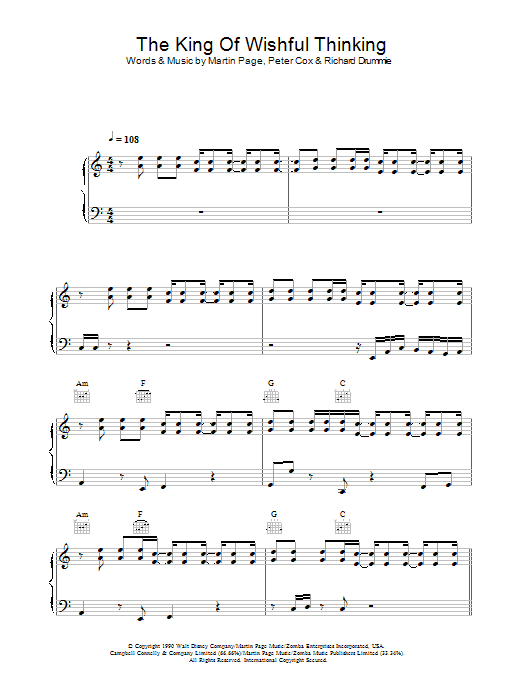 Go West The King Of Wishful Thinking sheet music preview music notes and score for Piano, Vocal & Guitar (Right-Hand Melody) including 8 page(s)