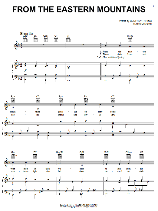 Learn to play Godfey Thring From The Eastern Mountains sheet music for Piano, Vocal & Guitar (Right-Hand Melody) in minutes. Godfey Thring From The Eastern Mountains sheet music preview music notes and score for Piano, Vocal & Guitar (Right-Hand Melody) including 2 page(s)