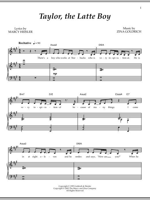 Goldrich & Heisler Taylor, The Latte Boy sheet music, chords, lyrics - Printable PDF for Piano & Vocal