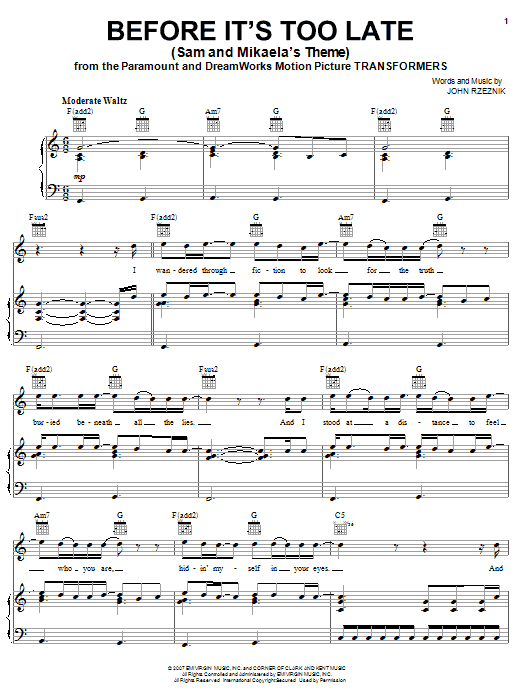 Goo Goo Dolls Before It's Too Late (Sam And Mikaela's Theme) sheet music preview music notes and score for Guitar Tab including 6 page(s)