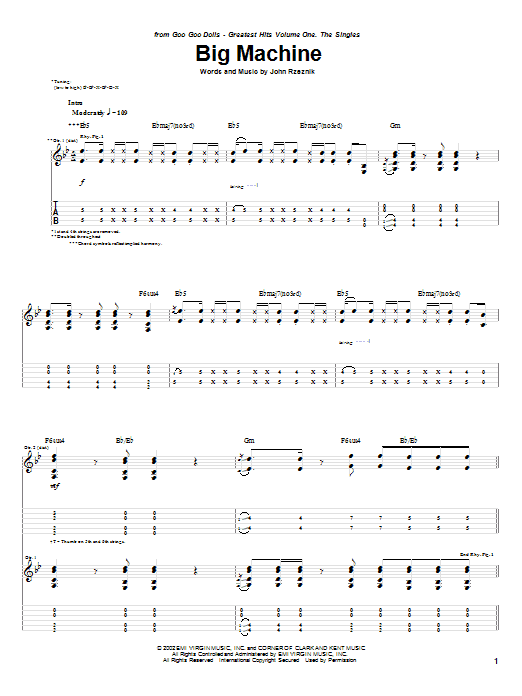 Learn to play Goo Goo Dolls Big Machine sheet music for Guitar Tab in minutes. Goo Goo Dolls Big Machine sheet music preview music notes and score for Guitar Tab including 7 page(s)
