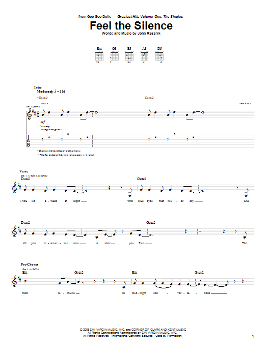 Learn to play Goo Goo Dolls Feel The Silence sheet music for Guitar Tab in minutes. Goo Goo Dolls Feel The Silence sheet music preview music notes and score for Guitar Tab including 7 page(s)