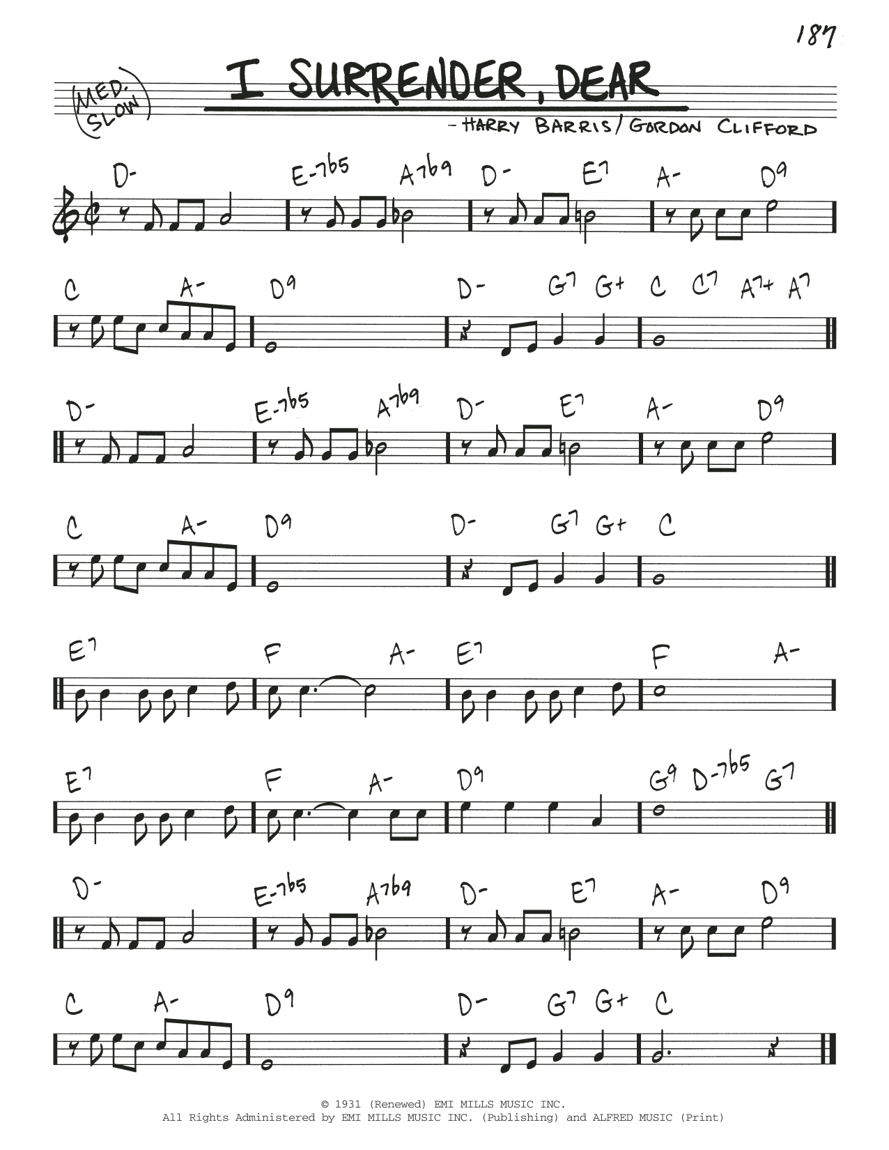 Gordon Clifford I Surrender, Dear sheet music, chords, lyrics - Printable PDF for Real Book – Melody & Chords