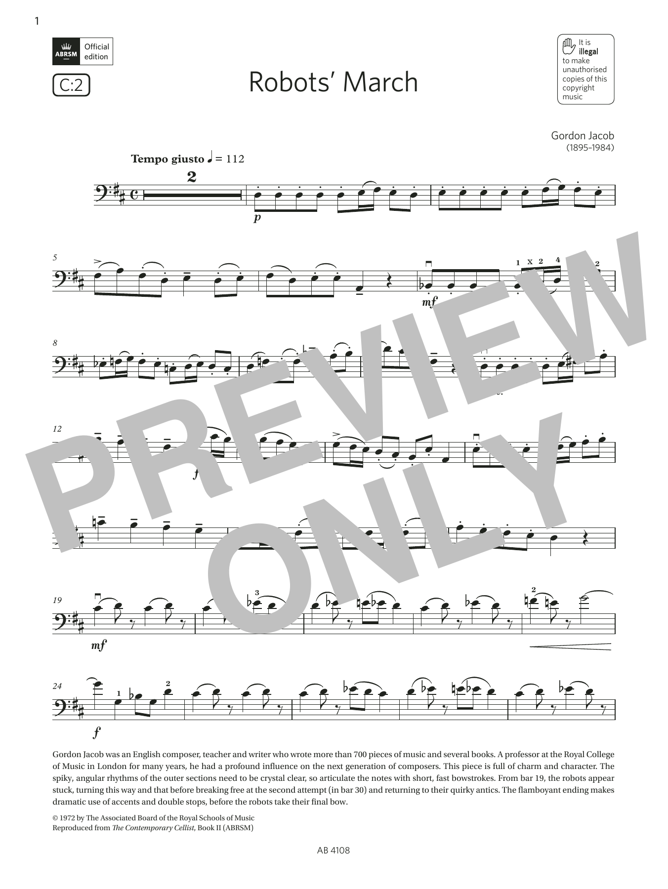 Gordon Jacob Robots' March (Grade 5, C2, from the ABRSM Cello Syllabus from 2024) sheet music, chords, lyrics - Printable PDF for Cello Solo