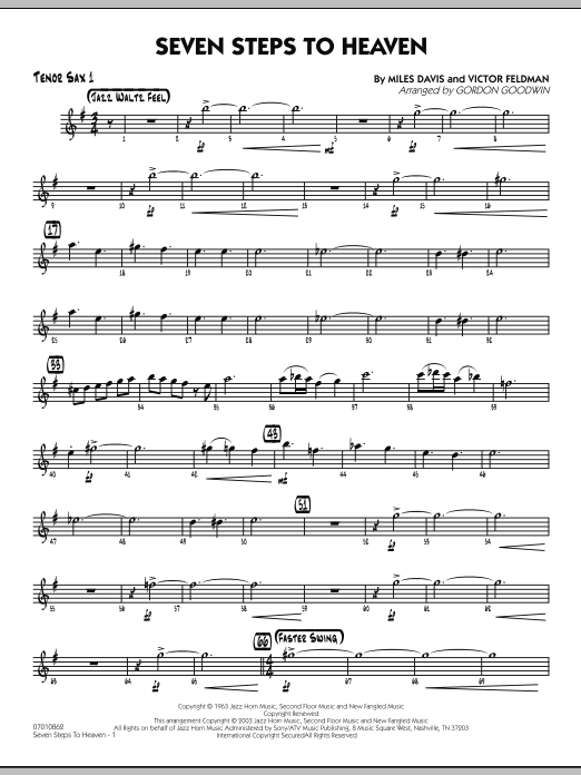 Learn to play Gordon Goodwin Seven Steps To Heaven - Tenor Sax 1 sheet music for Jazz Ensemble in minutes. Gordon Goodwin Seven Steps To Heaven - Tenor Sax 1 sheet music preview music notes and score for Jazz Ensemble including 3 page(s)