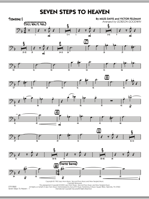 Learn to play Gordon Goodwin Seven Steps To Heaven - Trombone 2 sheet music for Jazz Ensemble in minutes. Gordon Goodwin Seven Steps To Heaven - Trombone 2 sheet music preview music notes and score for Jazz Ensemble including 3 page(s)