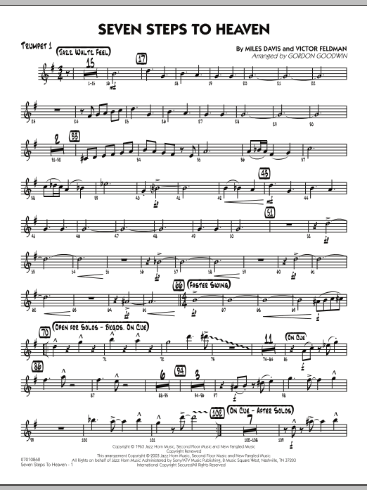 Learn to play Gordon Goodwin Seven Steps To Heaven - Trumpet 1 sheet music for Jazz Ensemble in minutes. Gordon Goodwin Seven Steps To Heaven - Trumpet 1 sheet music preview music notes and score for Jazz Ensemble including 2 page(s)