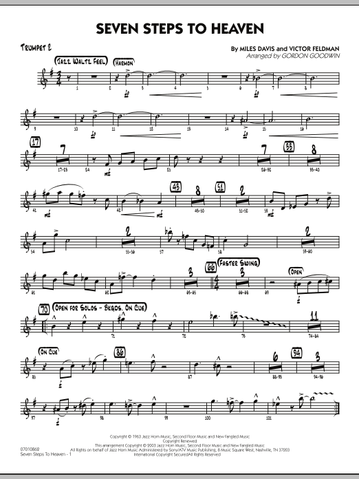 Learn to play Gordon Goodwin Seven Steps To Heaven - Trumpet 2 sheet music for Jazz Ensemble in minutes. Gordon Goodwin Seven Steps To Heaven - Trumpet 2 sheet music preview music notes and score for Jazz Ensemble including 2 page(s)