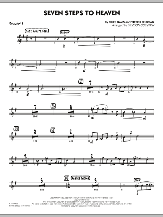 Learn to play Gordon Goodwin Seven Steps To Heaven - Trumpet 3 sheet music for Jazz Ensemble in minutes. Gordon Goodwin Seven Steps To Heaven - Trumpet 3 sheet music preview music notes and score for Jazz Ensemble including 3 page(s)