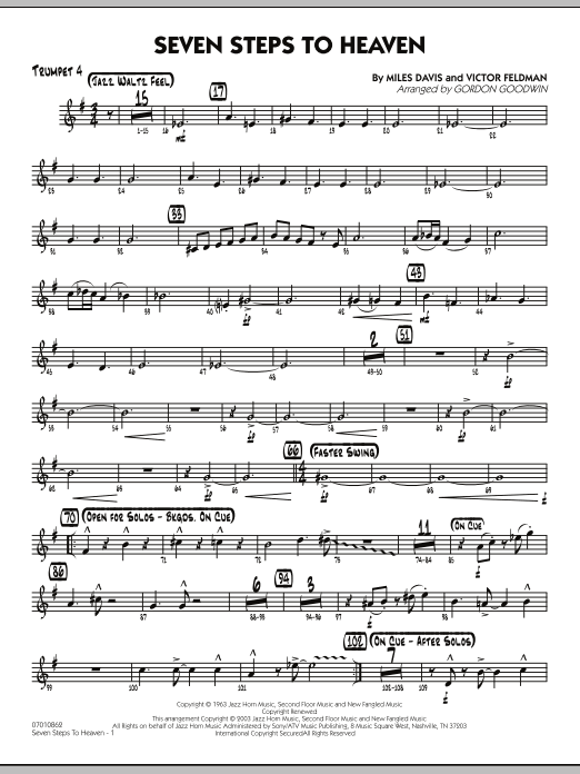 Learn to play Gordon Goodwin Seven Steps To Heaven - Trumpet 4 sheet music for Jazz Ensemble in minutes. Gordon Goodwin Seven Steps To Heaven - Trumpet 4 sheet music preview music notes and score for Jazz Ensemble including 2 page(s)