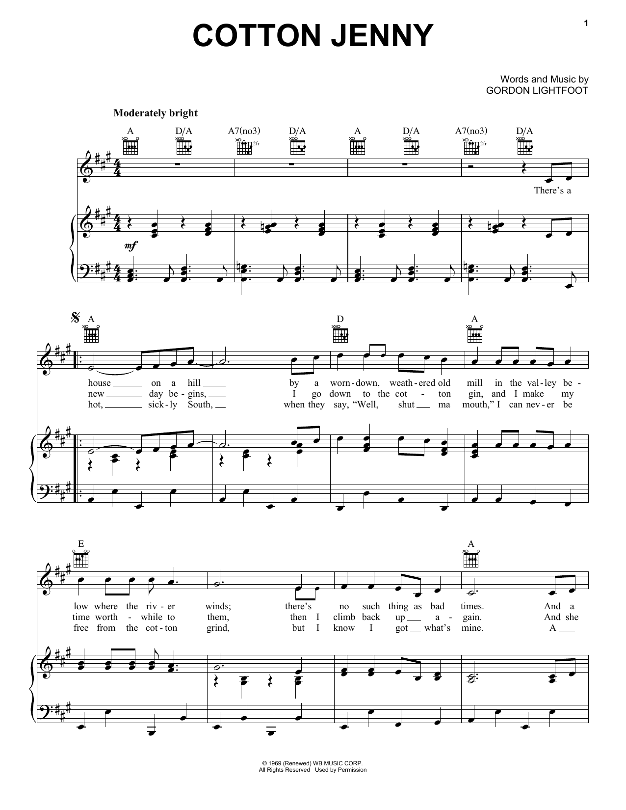 Learn to play Gordon Lightfoot Cotton Jenny sheet music for Piano, Vocal & Guitar (Right-Hand Melody) in minutes. Gordon Lightfoot Cotton Jenny sheet music preview music notes and score for Piano, Vocal & Guitar (Right-Hand Melody) including 3 page(s)