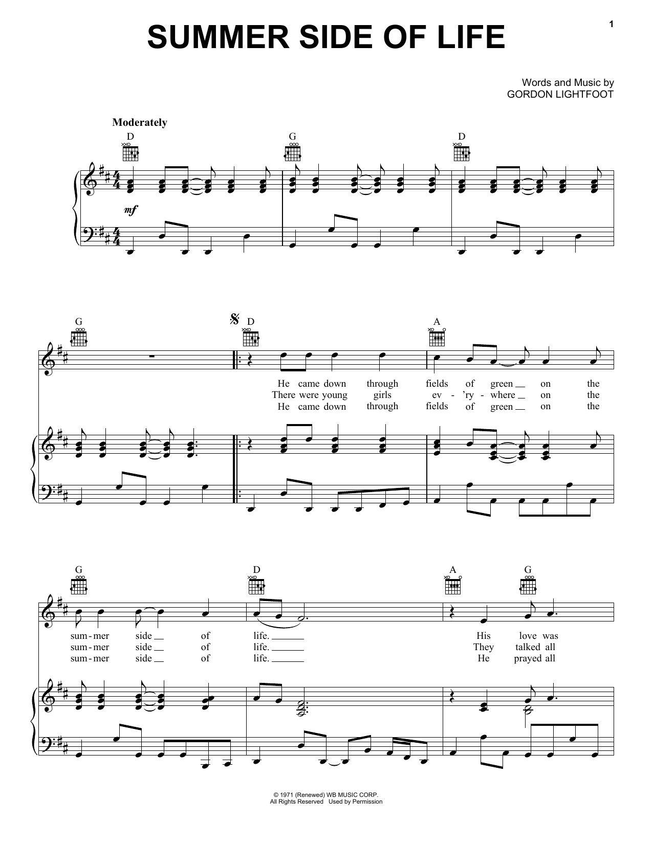 Learn to play Gordon Lightfoot Summer Side Of Life sheet music for Piano, Vocal & Guitar (Right-Hand Melody) in minutes. Gordon Lightfoot Summer Side Of Life sheet music preview music notes and score for Piano, Vocal & Guitar (Right-Hand Melody) including 3 page(s)