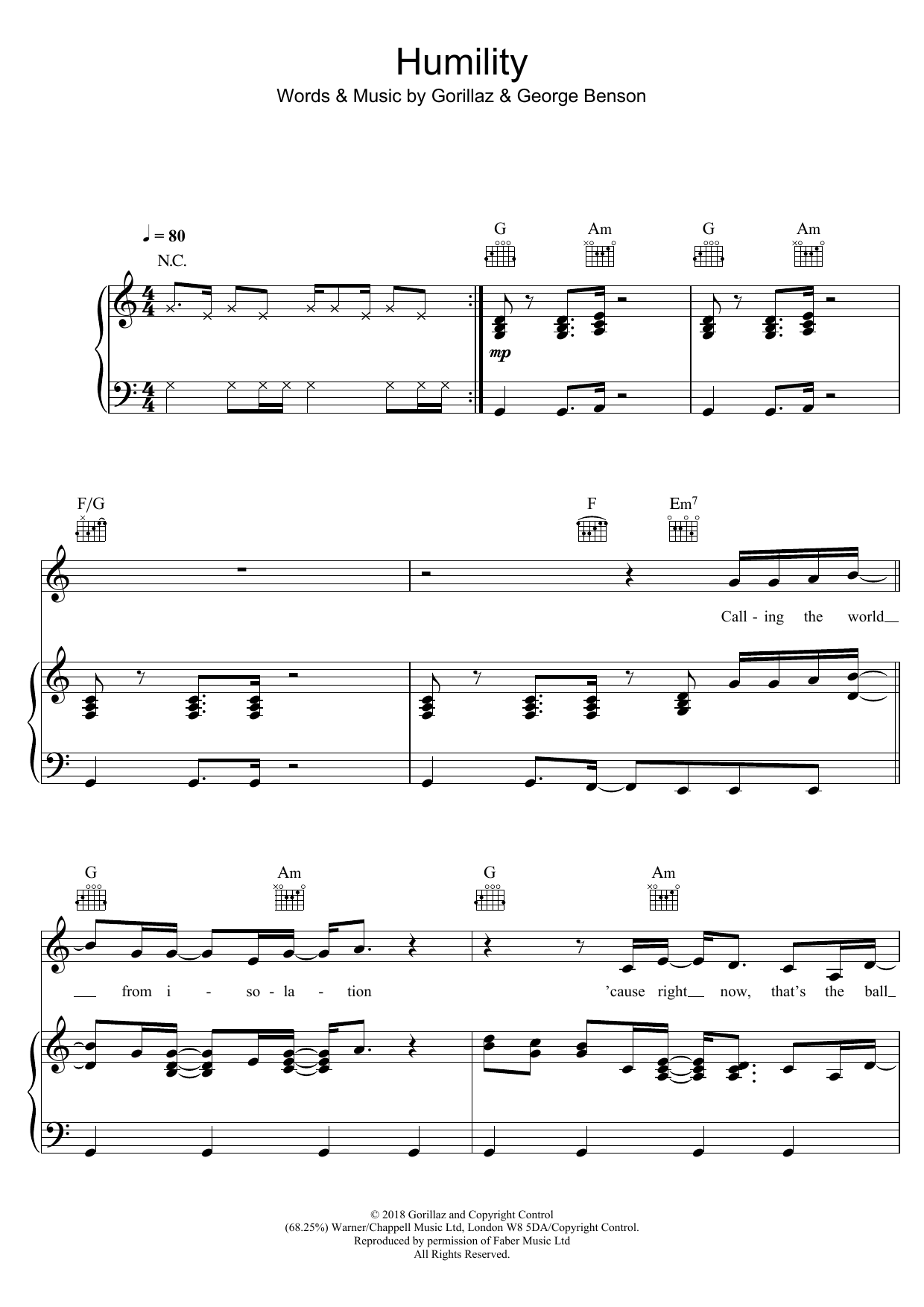 Gorillaz Humility (feat. George Benson) sheet music, chords, lyrics - Printable PDF for Piano, Vocal & Guitar (Right-Hand Melody)