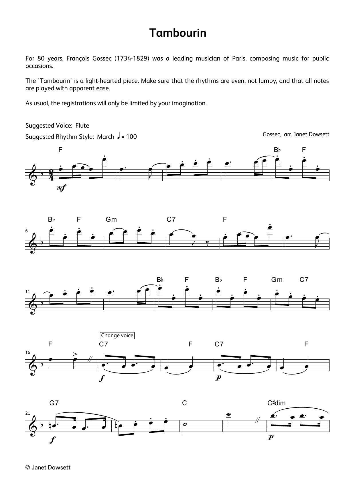 Gossec Tambourin (LCME Electronic Keyboard Grade 7 List B) sheet music, chords, lyrics - Printable PDF for Piano Solo