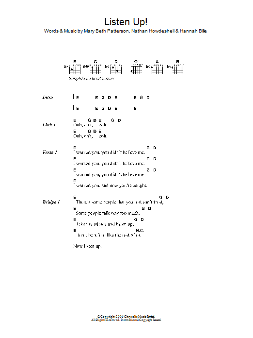 The Gossip Listen Up! sheet music, chords, lyrics - Printable PDF for Lyrics & Chords
