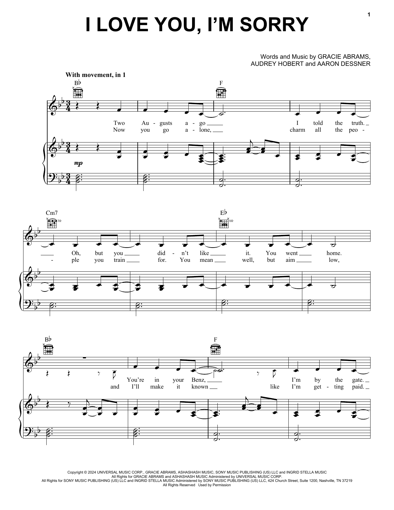 Gracie Abrams I Love You, I'm Sorry sheet music, chords, lyrics - Printable PDF for Piano, Vocal & Guitar Chords (Right-Hand Melody)