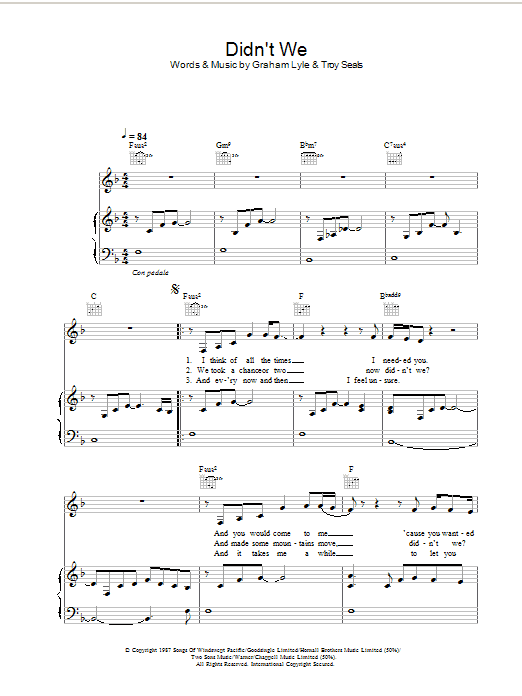 Learn to play Graham Lyle Didn't We sheet music for Piano, Vocal & Guitar in minutes. Graham Lyle Didn't We sheet music preview music notes and score for Piano, Vocal & Guitar including 5 page(s)