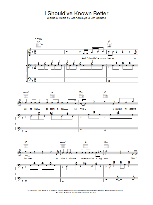 Learn to play Graham Lyle I Should've Known Better sheet music for Piano, Vocal & Guitar in minutes. Graham Lyle I Should've Known Better sheet music preview music notes and score for Piano, Vocal & Guitar including 5 page(s)
