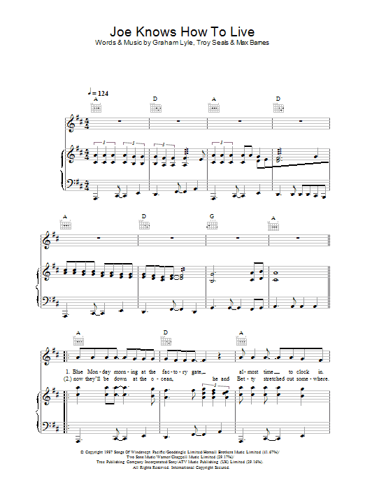Learn to play Graham Lyle Joe Knows How To Live sheet music for Piano, Vocal & Guitar in minutes. Graham Lyle Joe Knows How To Live sheet music preview music notes and score for Piano, Vocal & Guitar including 5 page(s)