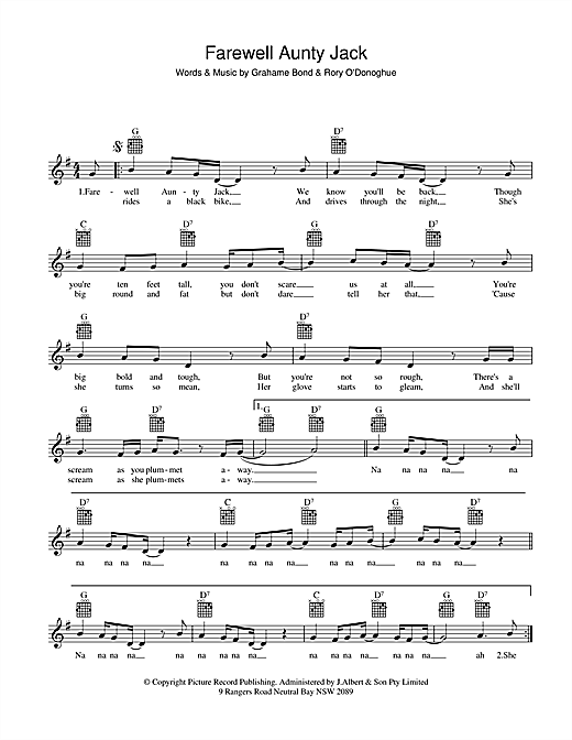 Learn to play Grahame Bond Farewell Aunty Jack sheet music for Melody Line, Lyrics & Chords in minutes. Grahame Bond Farewell Aunty Jack sheet music preview music notes and score for Melody Line, Lyrics & Chords including 2 page(s)
