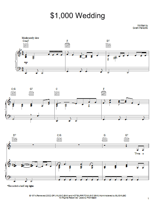 Gram Parsons $1,000 Wedding sheet music, chords, lyrics - Printable PDF for Piano, Vocal & Guitar (Right-Hand Melody)