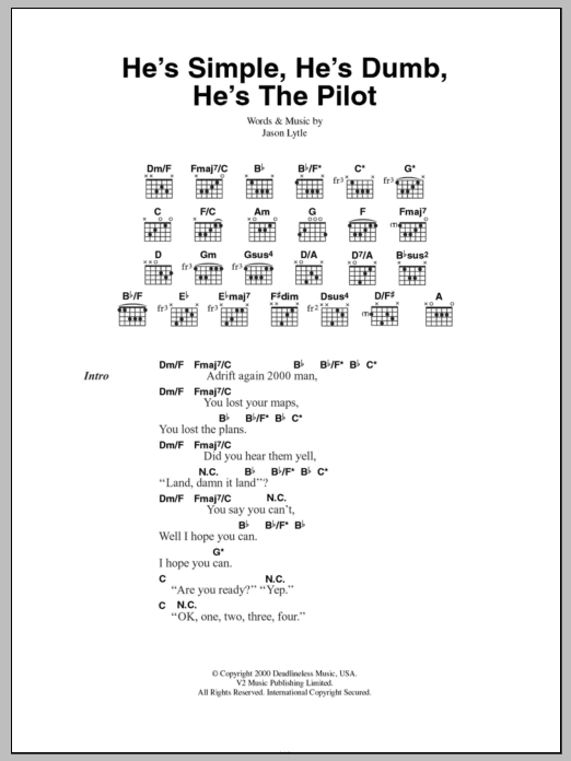 Grandaddy He's Simple, He's Dumb, He's The Pilot sheet music, chords, lyrics - Printable PDF for Lyrics & Chords