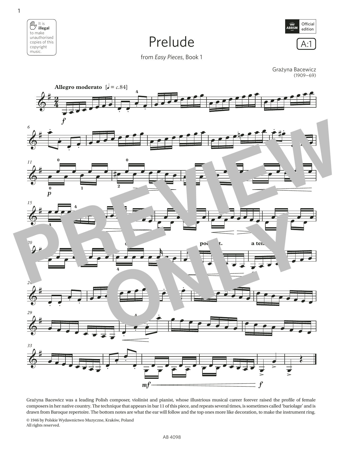 Grażyna Bacewicz Prelude (Grade 4, A1, from the ABRSM Violin Syllabus from 2024) sheet music, chords, lyrics - Printable PDF for Violin Solo