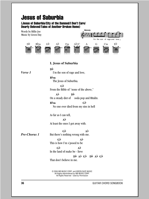 Green Day Jesus Of Suburbia sheet music, chords, lyrics - Printable PDF for Lyrics & Chords