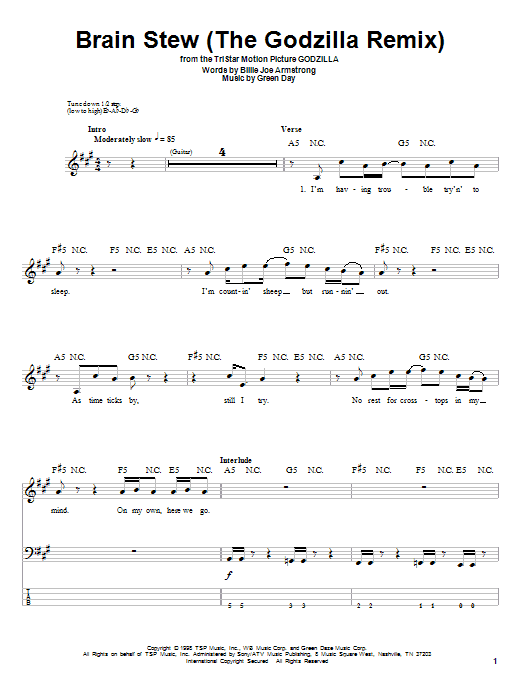 Learn to play Green Day Brain Stew (The Godzilla Remix) sheet music for Guitar Tab in minutes. Green Day Brain Stew (The Godzilla Remix) sheet music preview music notes and score for Guitar Tab including 4 page(s)