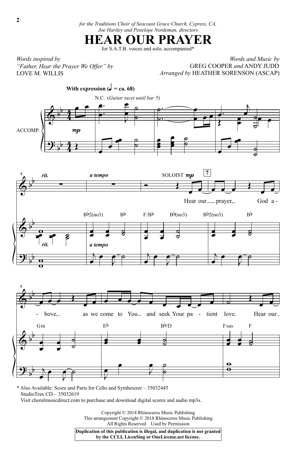 Greg Cooper & Andy Judd Hear Our Prayer (arr. Heather Sorenson) sheet music, chords, lyrics - Printable PDF for SATB Choir