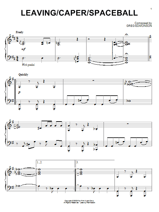 Greg Edmonson Leaving/Caper/Spaceball sheet music, chords, lyrics - Printable PDF for Piano