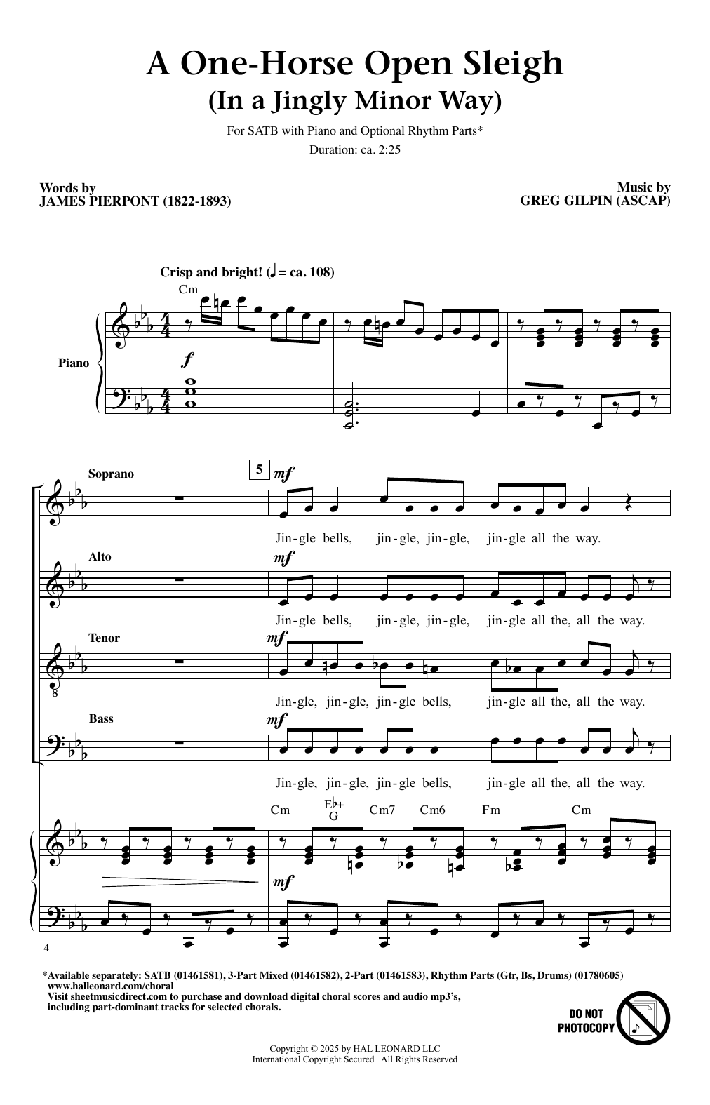 Greg Gilpin A One-Horse Open Sleigh (In A Jingly Minor Way) sheet music, chords, lyrics - Printable PDF for SATB Choir
