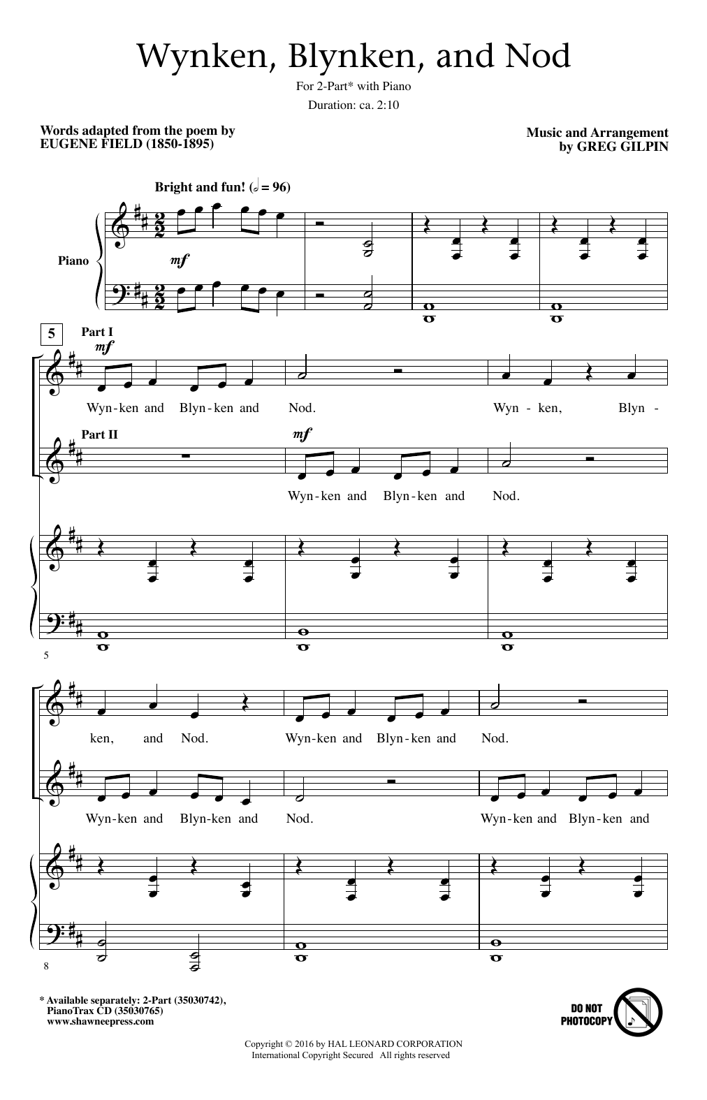 Greg Gilpin Wynken, Blynken, And Nod sheet music, chords, lyrics - Printable PDF for 2-Part Choir