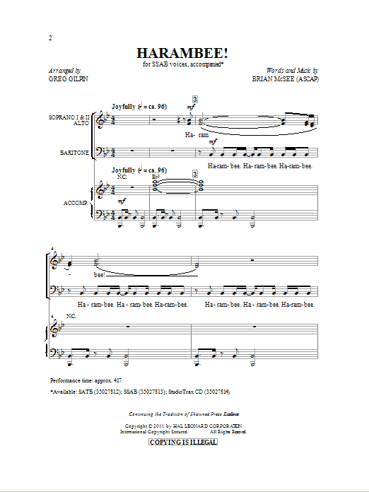 Learn to play Brian McSee Harambee! (arr. Greg Gilpin) sheet music for SSAB in minutes. Brian McSee Harambee! (arr. Greg Gilpin) sheet music preview music notes and score for SSAB including 18 page(s)