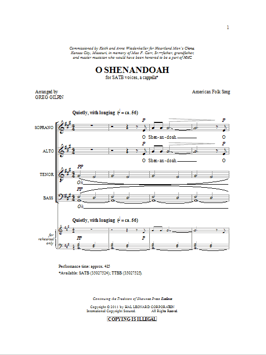 Traditional Shenandoah (arr. Greg Gilpin) sheet music preview music notes and score for SATB including 9 page(s)