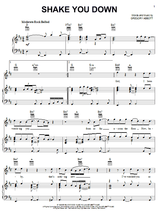 Learn to play Gregory Abbott Shake You Down sheet music for Piano, Vocal & Guitar (Right-Hand Melody) in minutes. Gregory Abbott Shake You Down sheet music preview music notes and score for Piano, Vocal & Guitar (Right-Hand Melody) including 6 page(s)