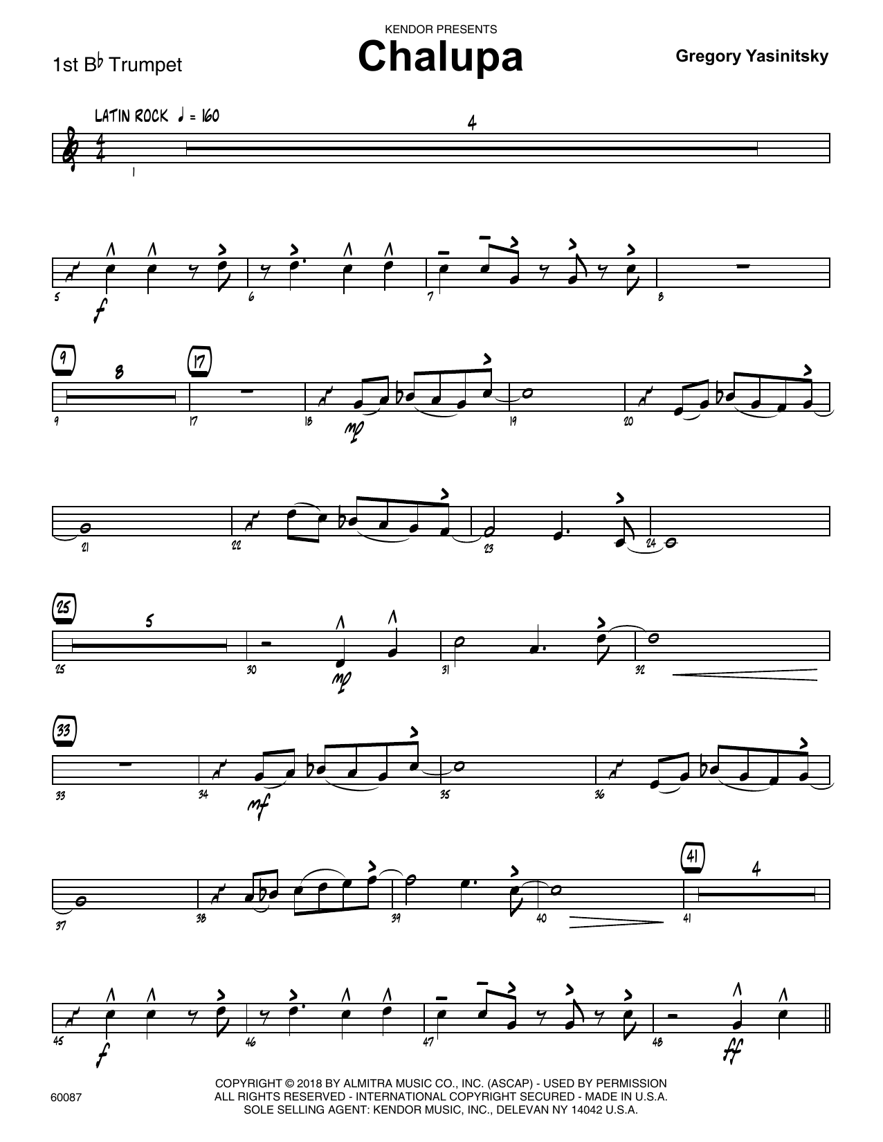Learn to play Gregory Yasinitsky Chalupa - 1st Bb Trumpet sheet music for Jazz Ensemble in minutes. Gregory Yasinitsky Chalupa - 1st Bb Trumpet sheet music preview music notes and score for Jazz Ensemble including 3 page(s)