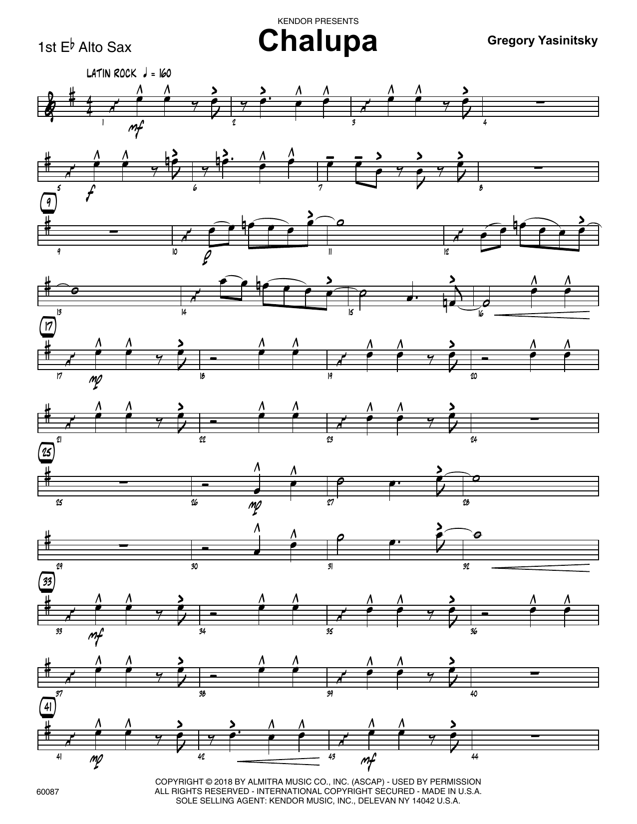 Learn to play Gregory Yasinitsky Chalupa - 1st Eb Alto Saxophone sheet music for Jazz Ensemble in minutes. Gregory Yasinitsky Chalupa - 1st Eb Alto Saxophone sheet music preview music notes and score for Jazz Ensemble including 3 page(s)