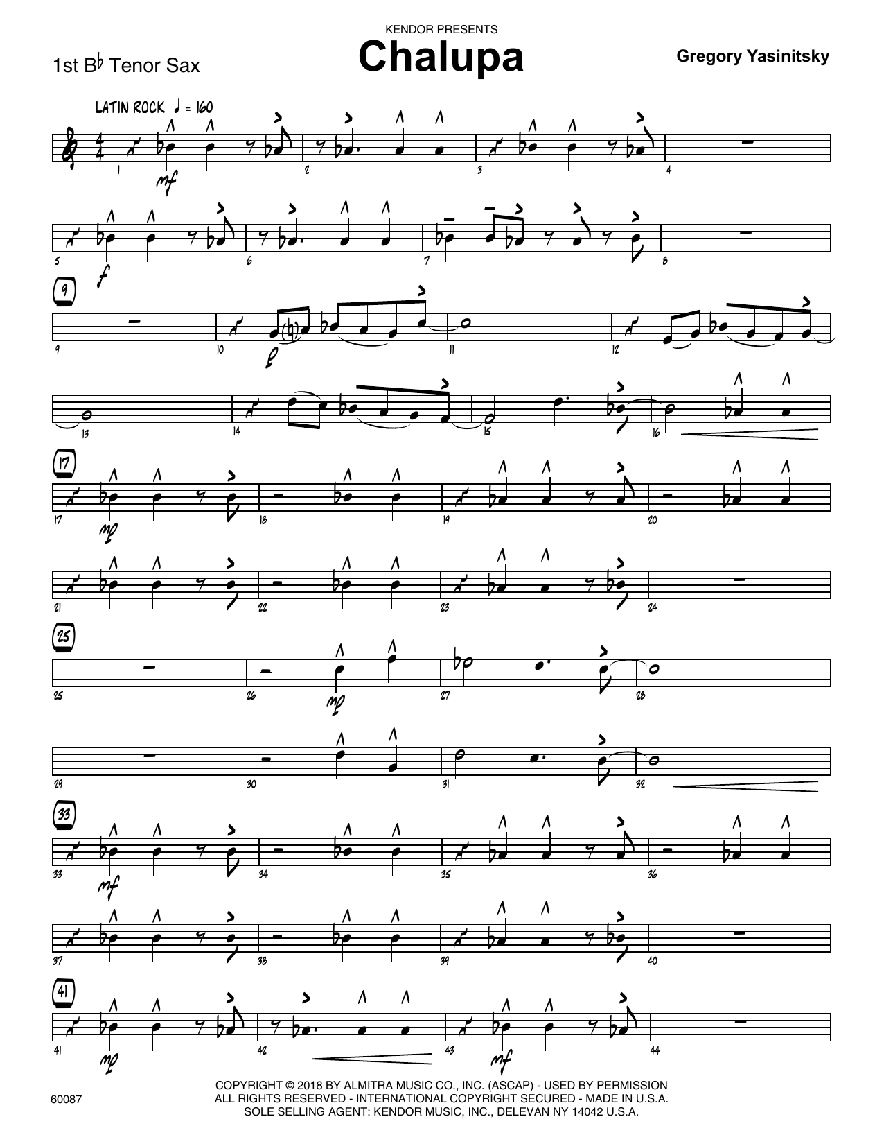 Learn to play Gregory Yasinitsky Chalupa - 1st Tenor Saxophone sheet music for Jazz Ensemble in minutes. Gregory Yasinitsky Chalupa - 1st Tenor Saxophone sheet music preview music notes and score for Jazz Ensemble including 3 page(s)