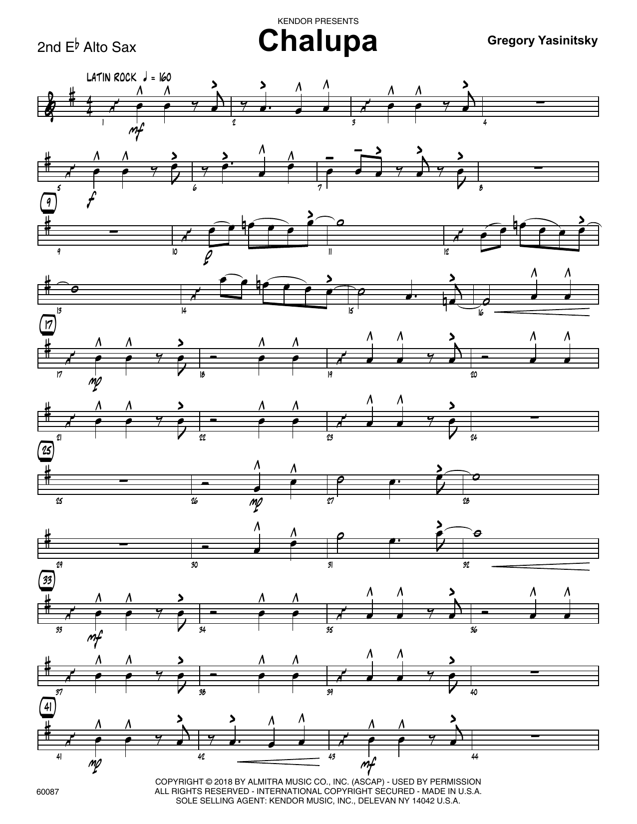 Learn to play Gregory Yasinitsky Chalupa - 2nd Eb Alto Saxophone sheet music for Jazz Ensemble in minutes. Gregory Yasinitsky Chalupa - 2nd Eb Alto Saxophone sheet music preview music notes and score for Jazz Ensemble including 3 page(s)