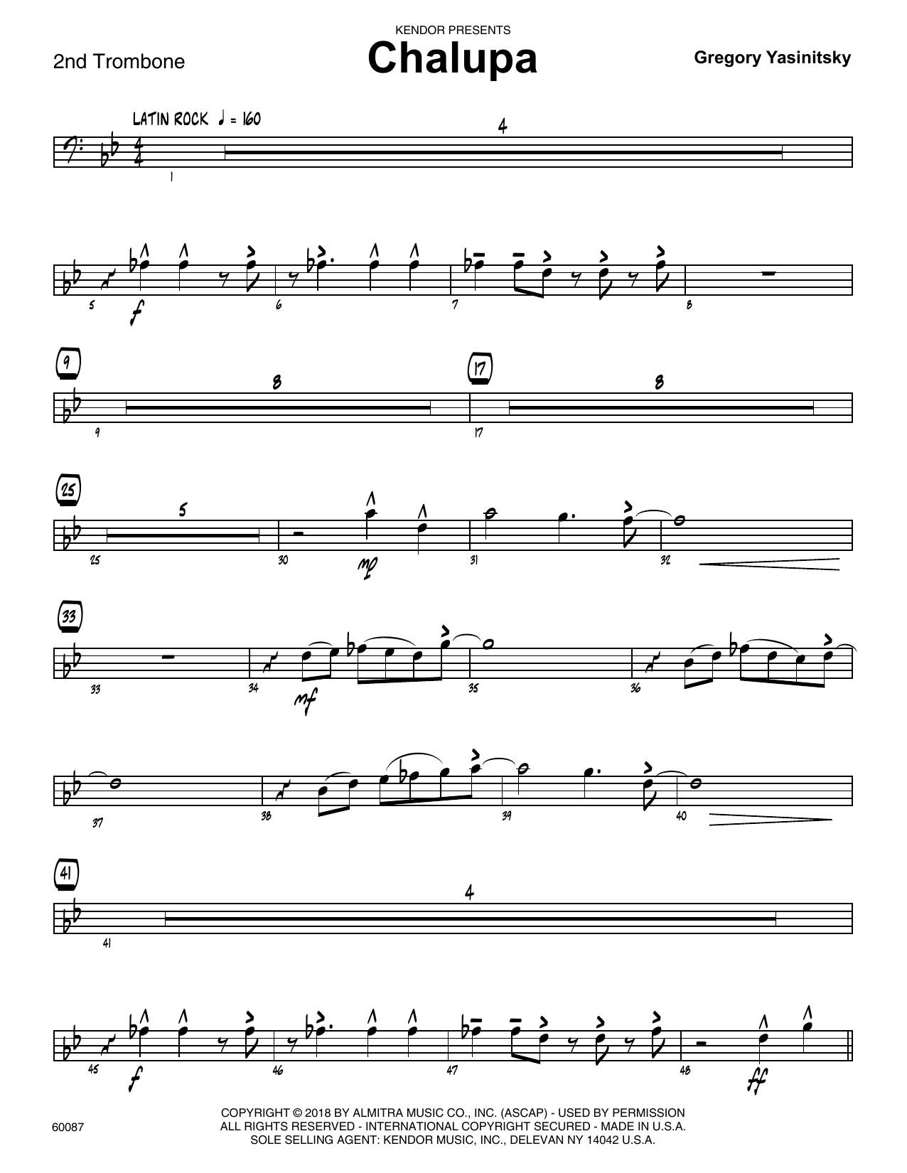 Learn to play Gregory Yasinitsky Chalupa - 2nd Trombone sheet music for Jazz Ensemble in minutes. Gregory Yasinitsky Chalupa - 2nd Trombone sheet music preview music notes and score for Jazz Ensemble including 3 page(s)