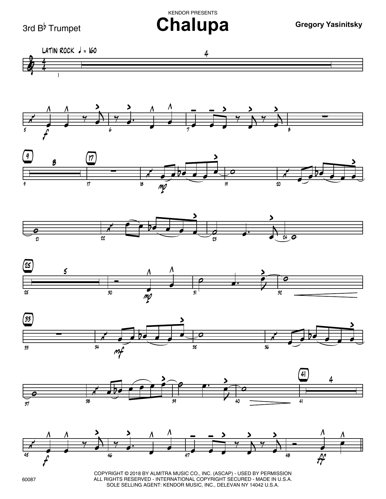Learn to play Gregory Yasinitsky Chalupa - 3rd Bb Trumpet sheet music for Jazz Ensemble in minutes. Gregory Yasinitsky Chalupa - 3rd Bb Trumpet sheet music preview music notes and score for Jazz Ensemble including 3 page(s)