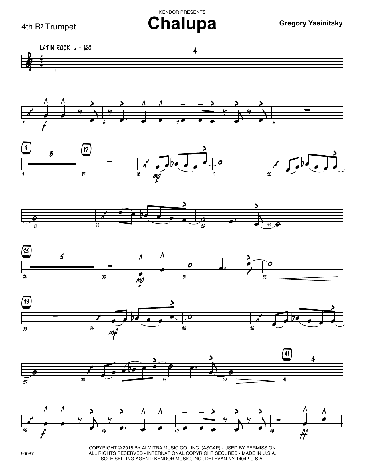 Learn to play Gregory Yasinitsky Chalupa - 4th Bb Trumpet sheet music for Jazz Ensemble in minutes. Gregory Yasinitsky Chalupa - 4th Bb Trumpet sheet music preview music notes and score for Jazz Ensemble including 3 page(s)