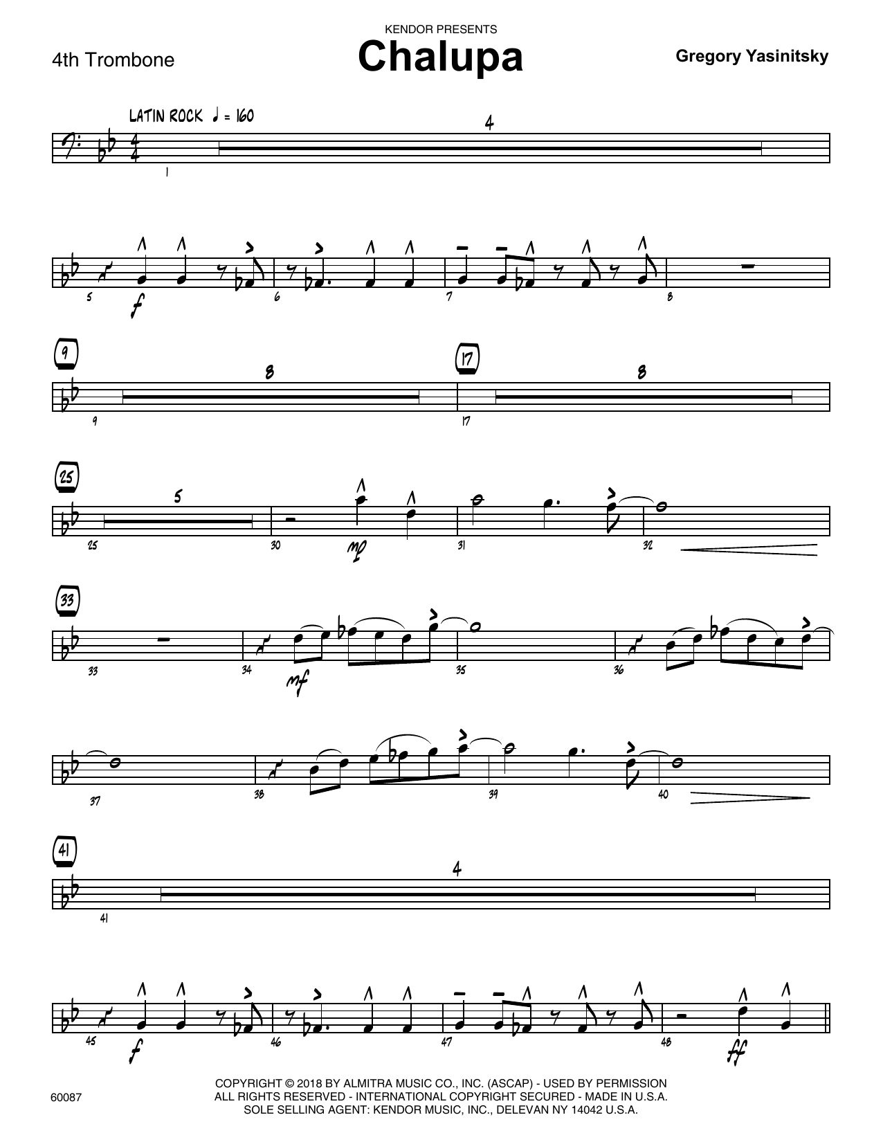 Learn to play Gregory Yasinitsky Chalupa - 4th Trombone sheet music for Jazz Ensemble in minutes. Gregory Yasinitsky Chalupa - 4th Trombone sheet music preview music notes and score for Jazz Ensemble including 3 page(s)