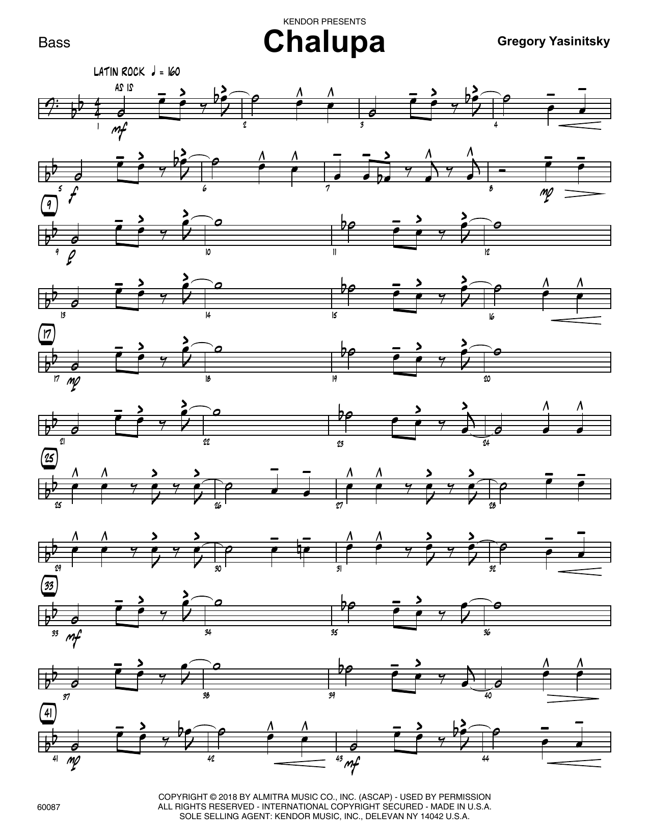 Learn to play Gregory Yasinitsky Chalupa - Bass sheet music for Jazz Ensemble in minutes. Gregory Yasinitsky Chalupa - Bass sheet music preview music notes and score for Jazz Ensemble including 3 page(s)