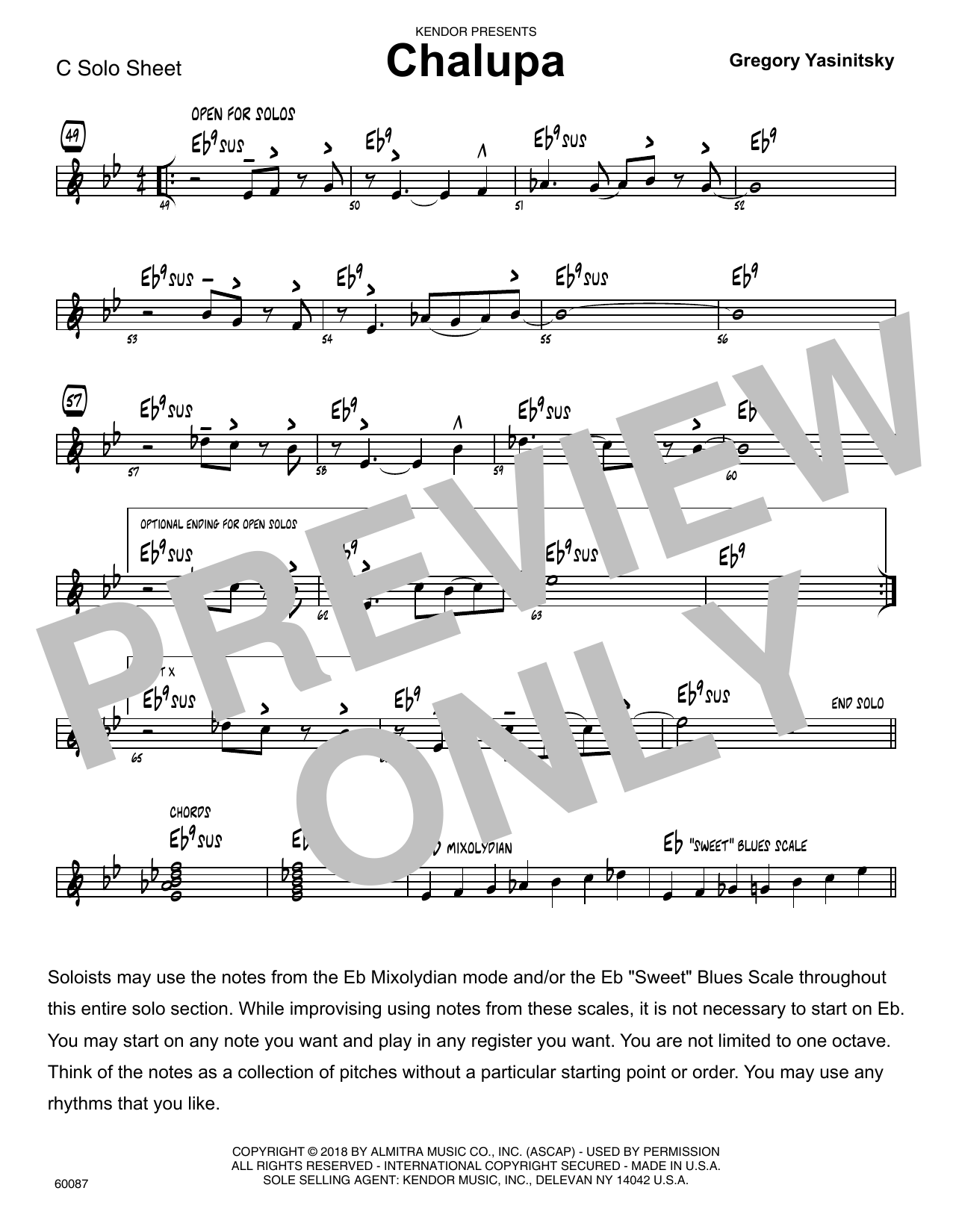 Learn to play Gregory Yasinitsky Chalupa - C Solo Sheet sheet music for Jazz Ensemble in minutes. Gregory Yasinitsky Chalupa - C Solo Sheet sheet music preview music notes and score for Jazz Ensemble including 1 page(s)