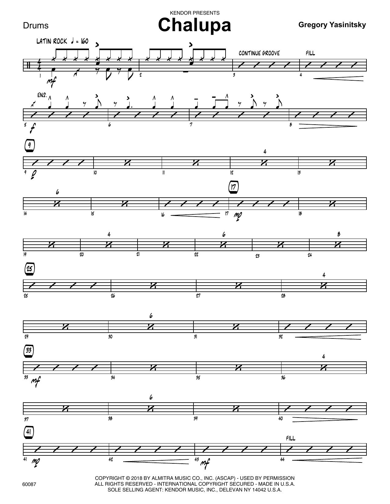 Learn to play Gregory Yasinitsky Chalupa - Drum Set sheet music for Jazz Ensemble in minutes. Gregory Yasinitsky Chalupa - Drum Set sheet music preview music notes and score for Jazz Ensemble including 3 page(s)