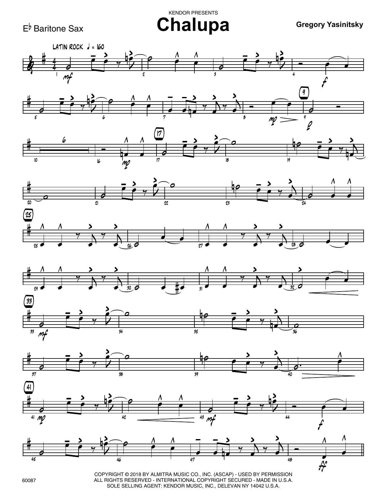 Learn to play Gregory Yasinitsky Chalupa - Eb Baritone Saxophone sheet music for Jazz Ensemble in minutes. Gregory Yasinitsky Chalupa - Eb Baritone Saxophone sheet music preview music notes and score for Jazz Ensemble including 3 page(s)