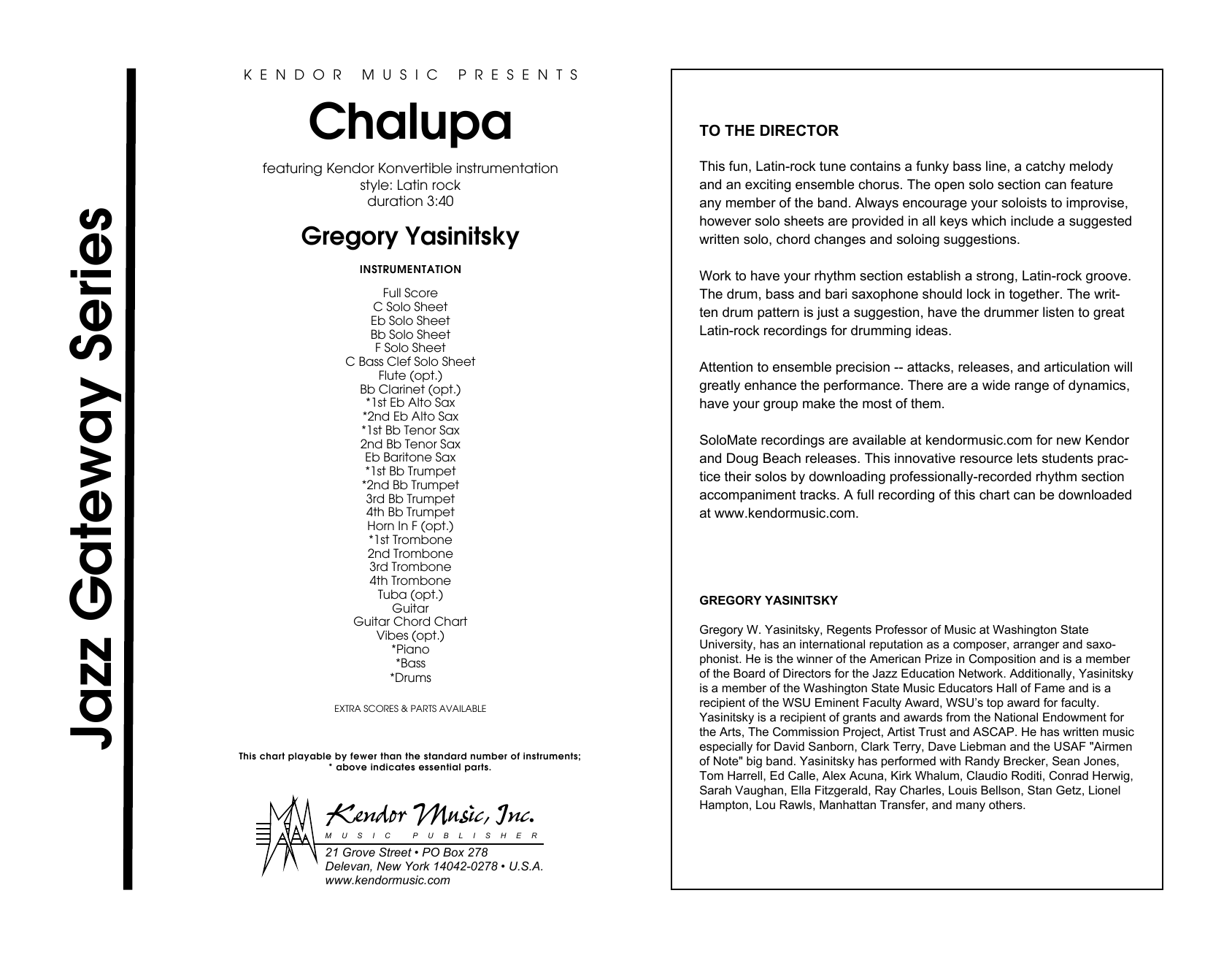Learn to play Gregory Yasinitsky Chalupa - Full Score sheet music for Jazz Ensemble in minutes. Gregory Yasinitsky Chalupa - Full Score sheet music preview music notes and score for Jazz Ensemble including 18 page(s)