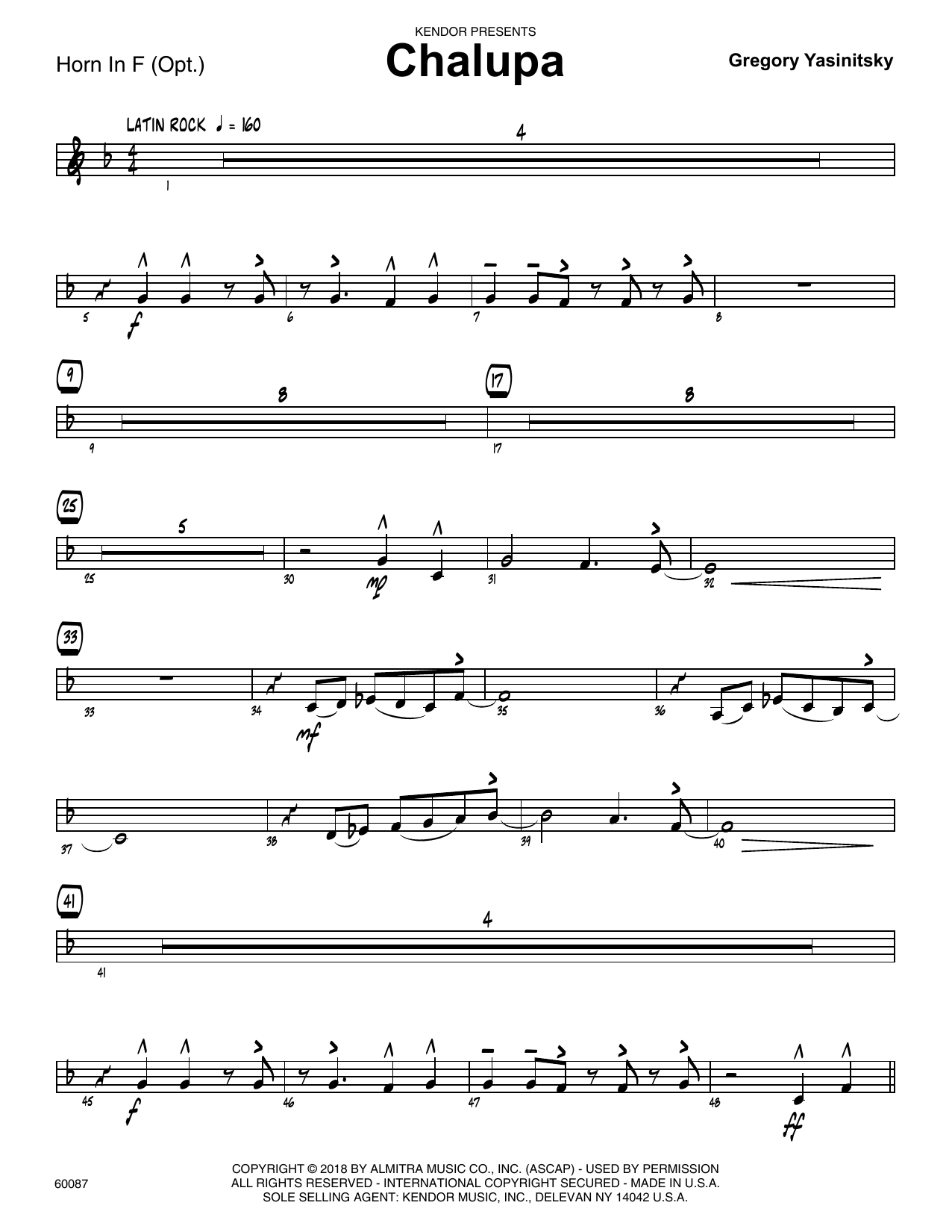 Learn to play Gregory Yasinitsky Chalupa - Horn in F sheet music for Jazz Ensemble in minutes. Gregory Yasinitsky Chalupa - Horn in F sheet music preview music notes and score for Jazz Ensemble including 3 page(s)